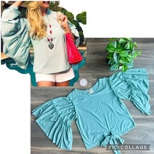 Umgee Aqua/Teal Ruffled Bell Sleeve Tie-Front Top – Size S